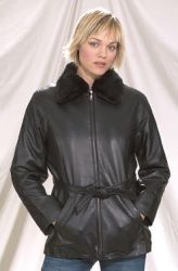 Ladies black leather jacket with removable faux fur collar