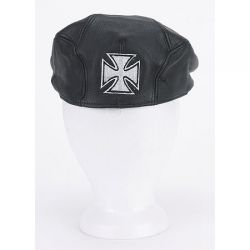 Black Leather Cap with Iron Cross on Back