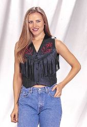 Ladies Black Leather Braided/Fringe Vest with Red Rose