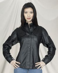 Ladies black leather shirt with snaps, thinsulate lined.