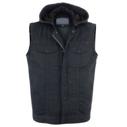 Men's Black Denim Single Back Panel Concealment Vest with Removable Hood