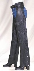 Ladies Braided Black Leather Chaps with 4 Snaps on Bottom