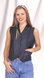 Ladies Black Leather Vest with Pockets, Vertical Braid